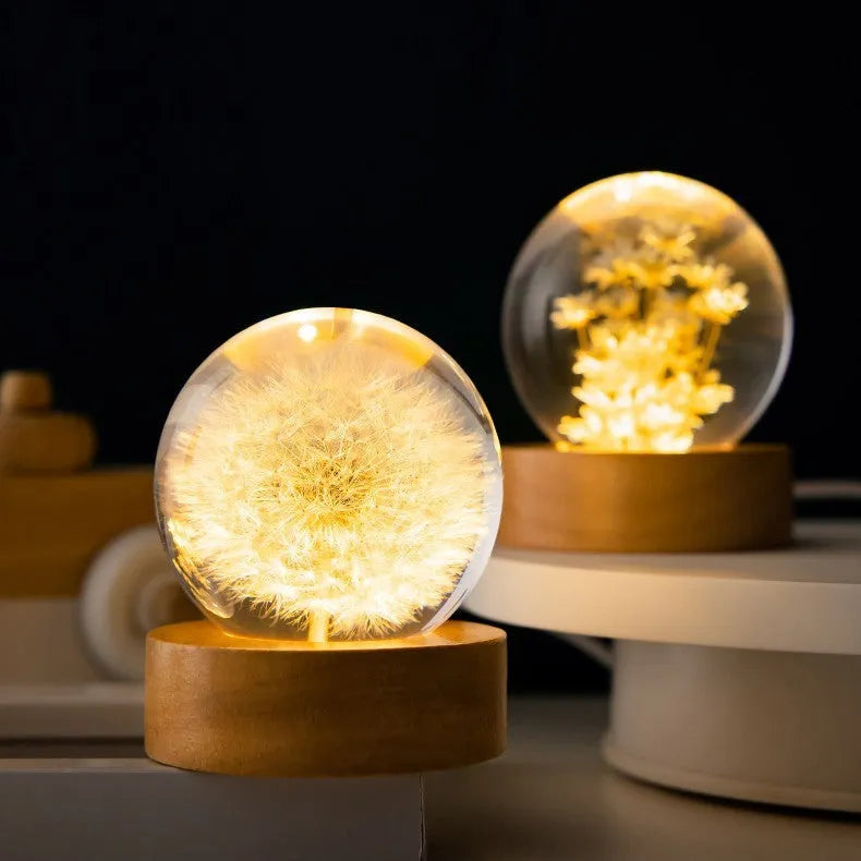 3D dandelion crystal ball LED desk lamp on beech wood base