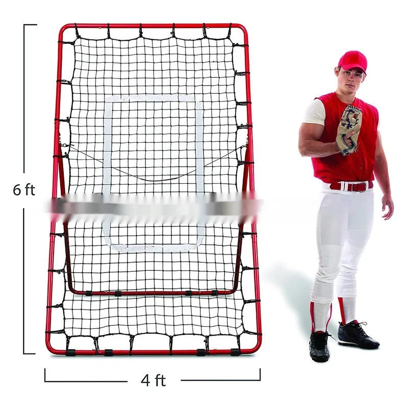 Red adjustable portable baseball training net with a 4ft by 6ft catching area and metal frame.