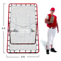 Red adjustable portable baseball training net with a 4ft by 6ft catching area and metal frame.