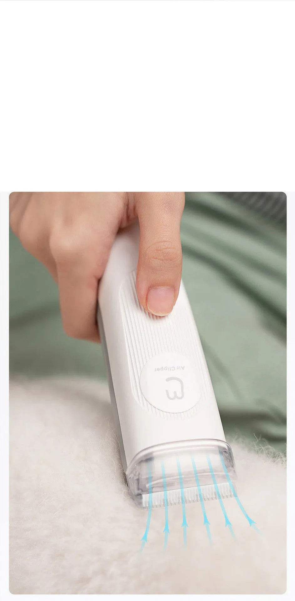 Pet multifunctional groomer in white with hair clipper, electric scissors, and accessories on surface