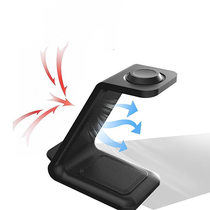 White 3-in-1 upright wireless charger with phone holder showing Type-C cable connection