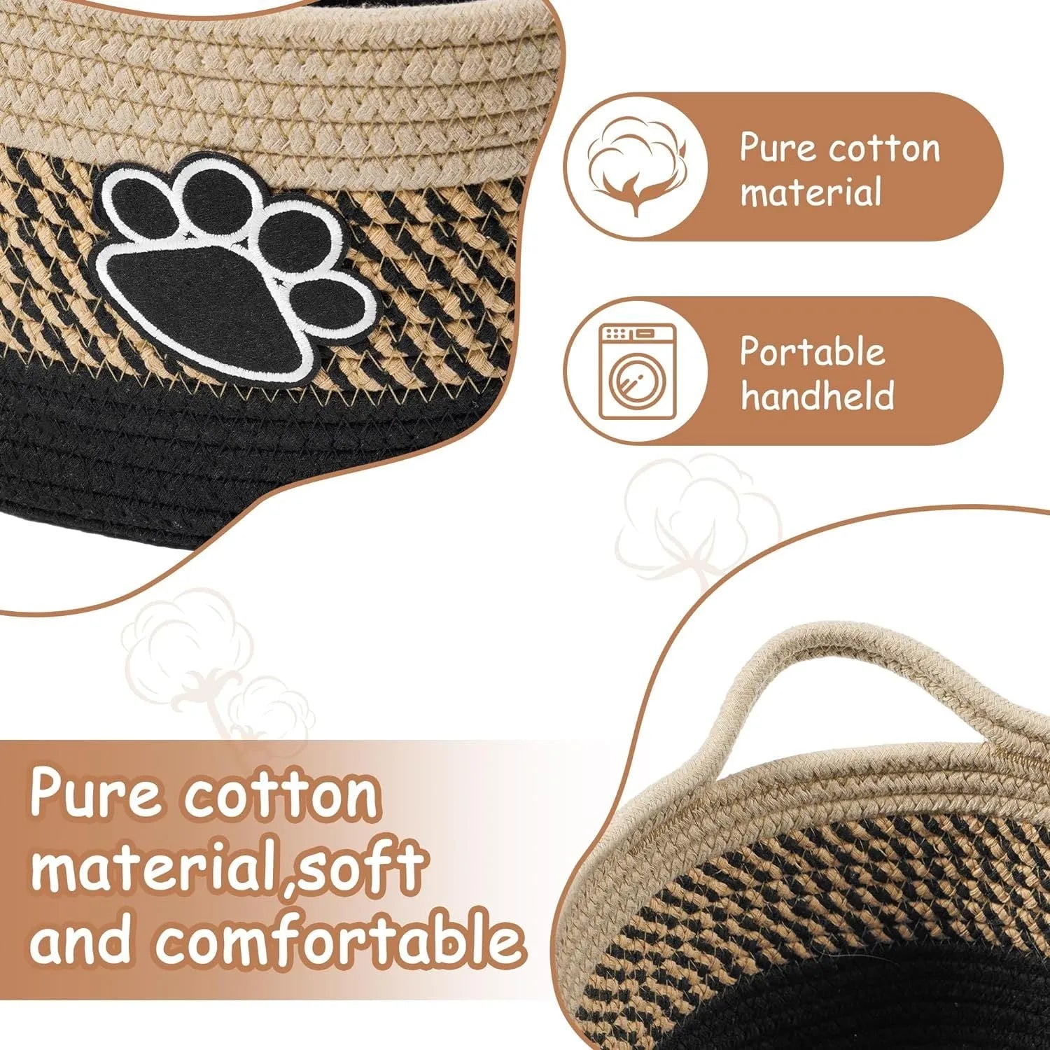 Light beige handmade cotton rope woven storage basket with handle on a wooden surface.
