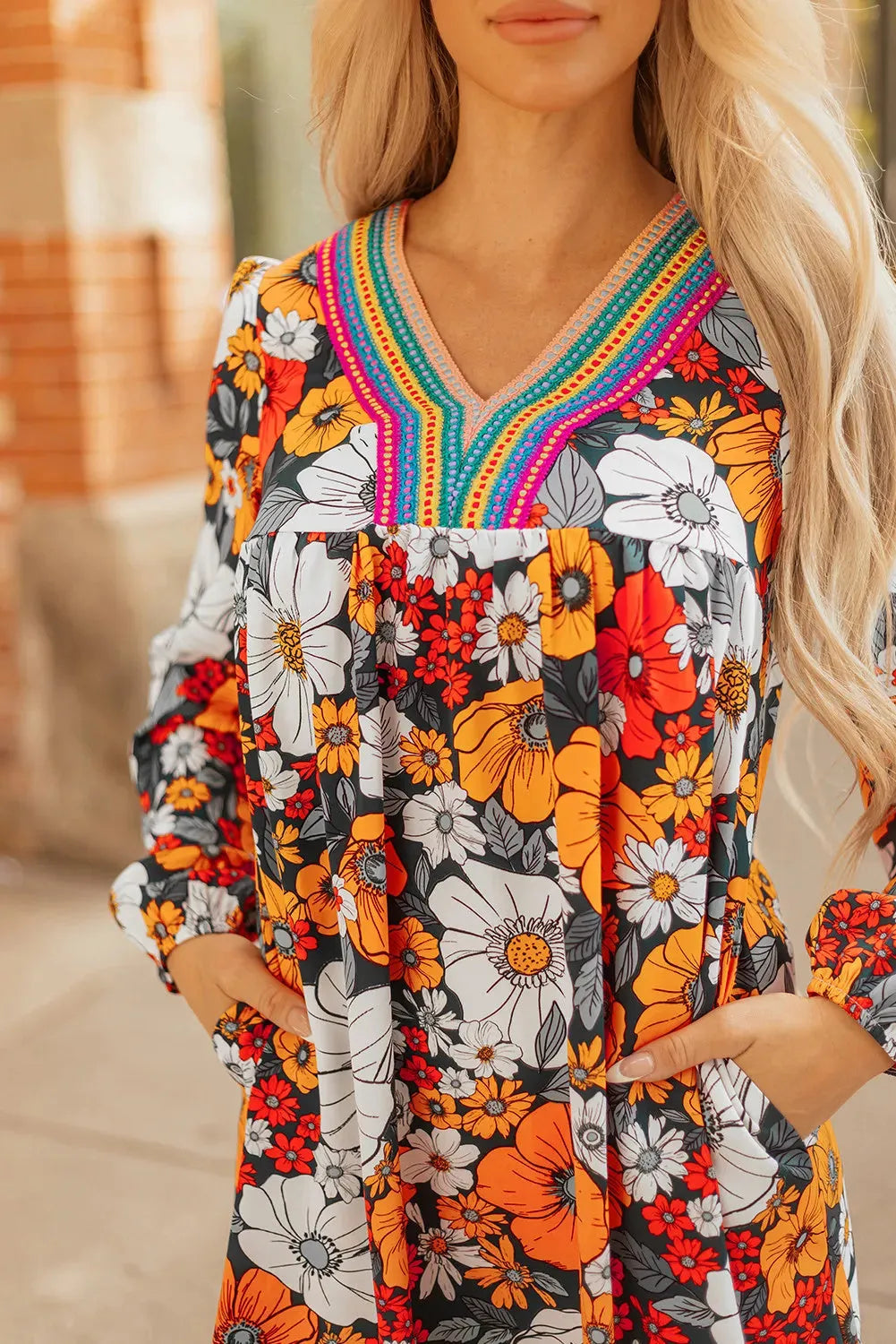 Orange floral and striped lace print V-neck mini dress with long sleeves