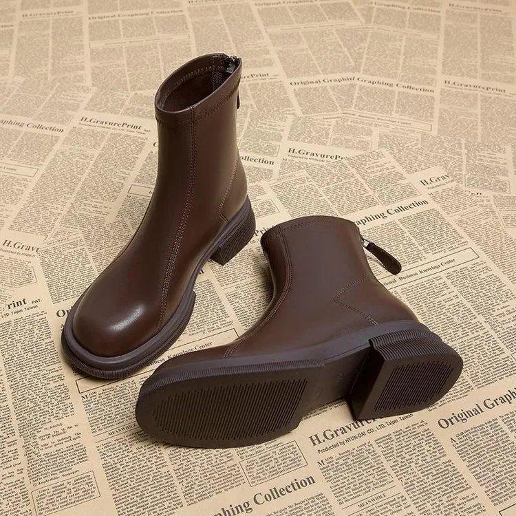 Women's black ankle boots with thick flat heel, round toe and back zipper
