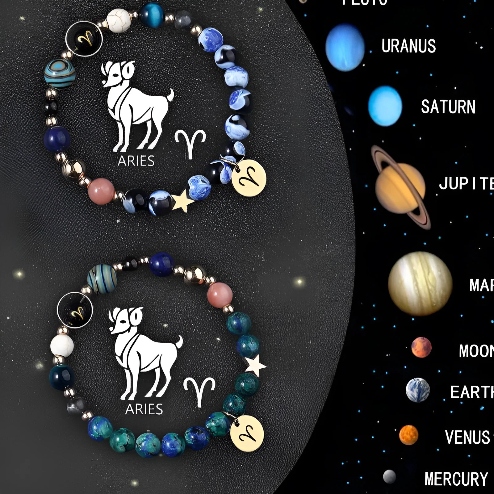 Set of two natural stone bead bracelets showing zodiac sign designs on stretch cords