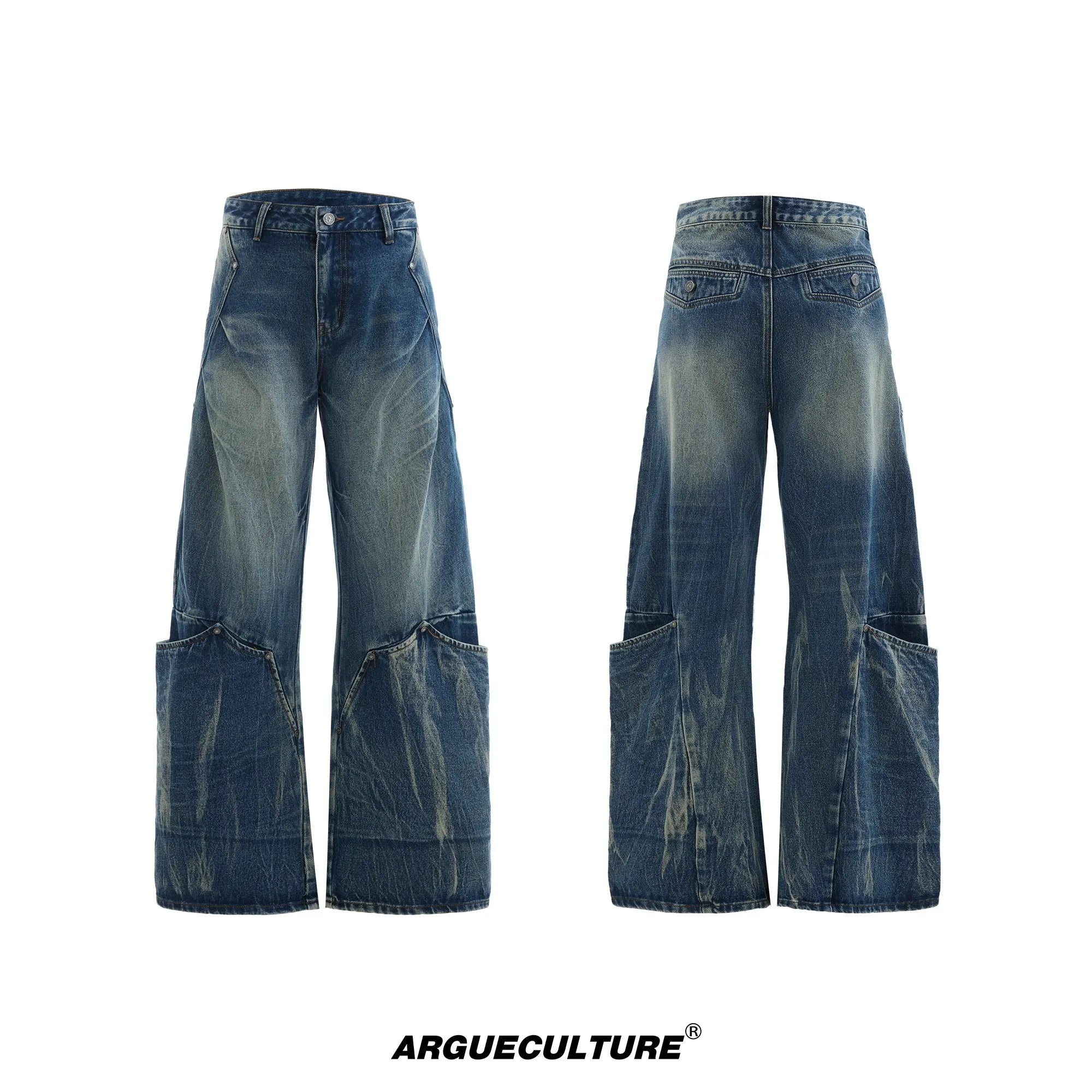 Men's retro washed burst pattern jeans in verdant blue with loose fit and curved knife style.