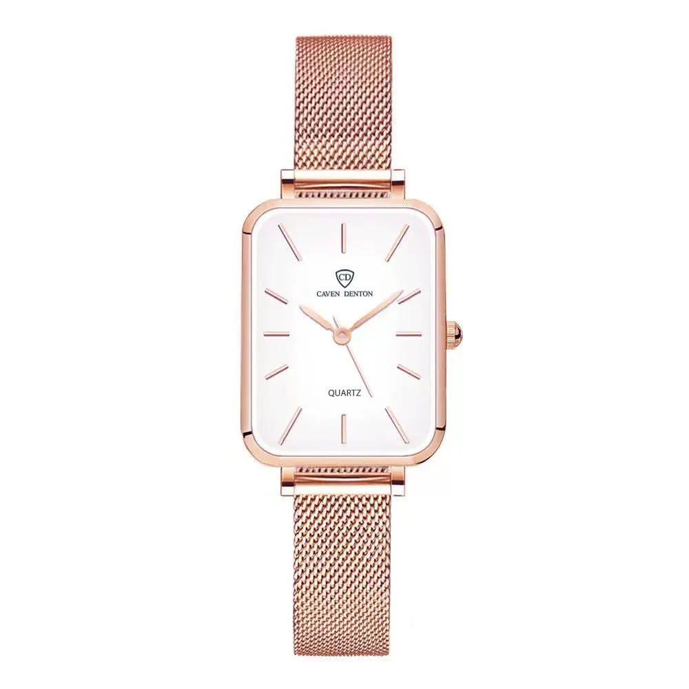 Women's waterproof quartz watch in rose gold or silver with woven steel strap and 34mm alloy case