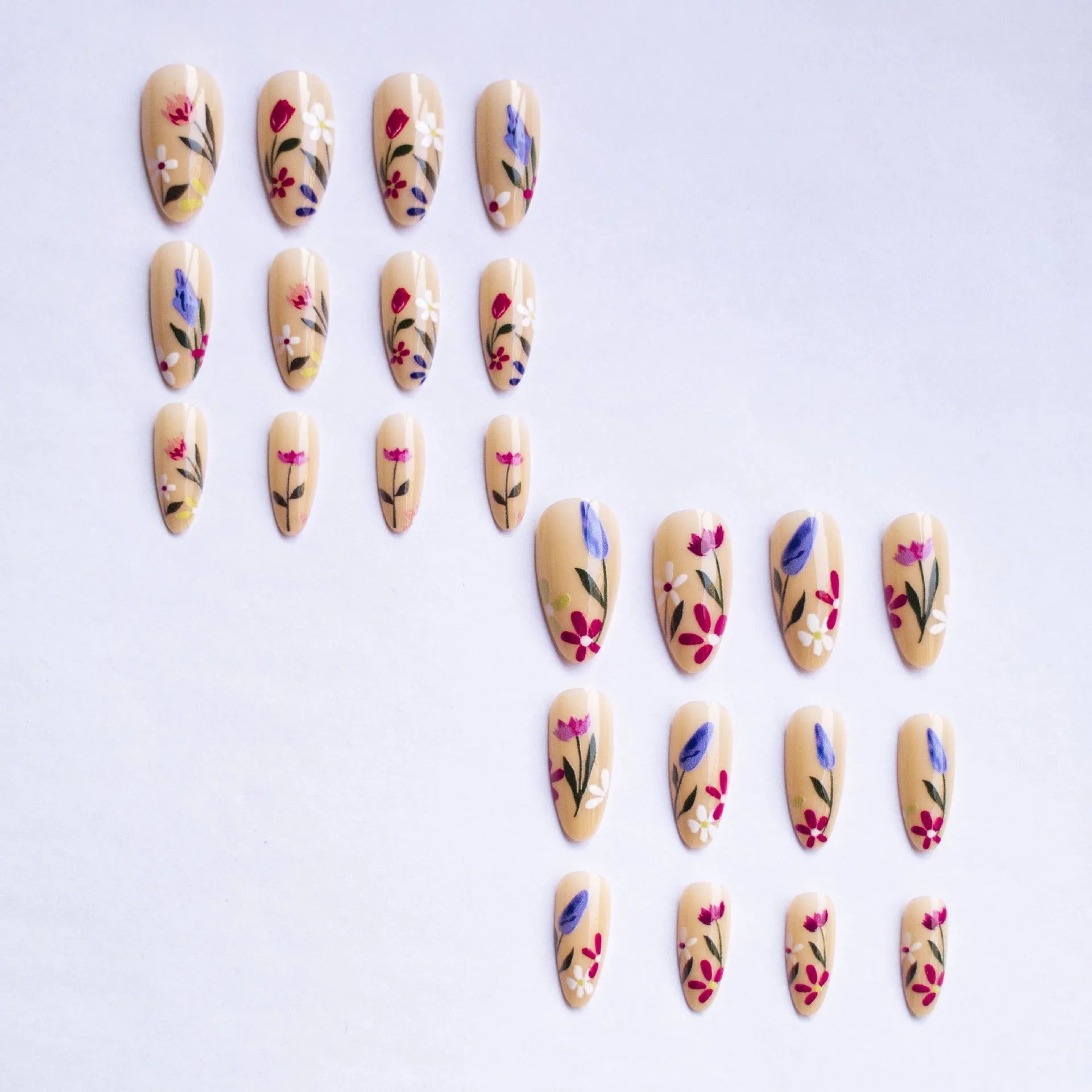 Almond-shaped removable flower nail art set with rose pattern in solid colour base, available with bare strip or jelly glue accessories