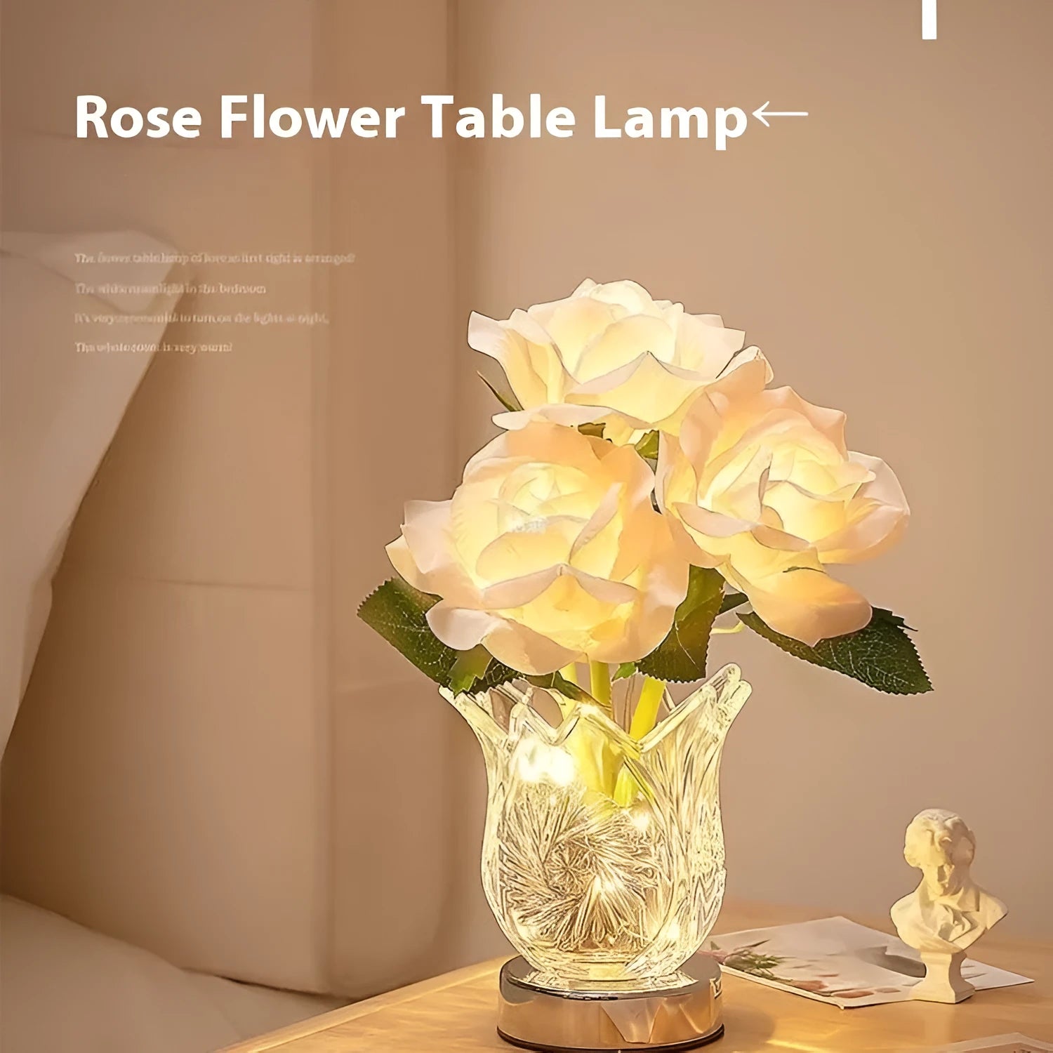 Crystal flowers touch dimmable table lamp with USB charging cable on bedside table