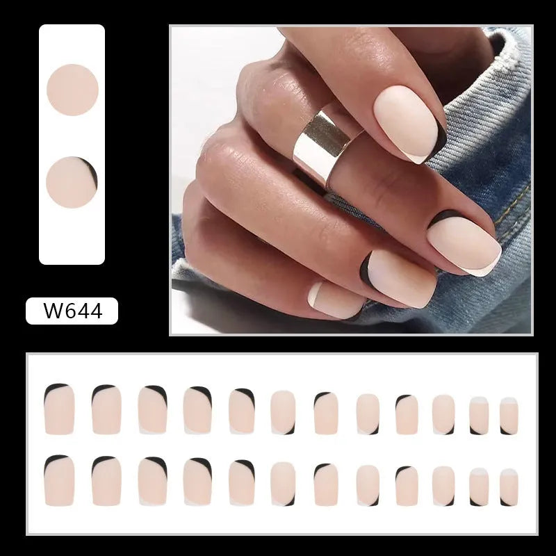 Black and white frosted false nails with French manicure style and Mandarin duck colour design