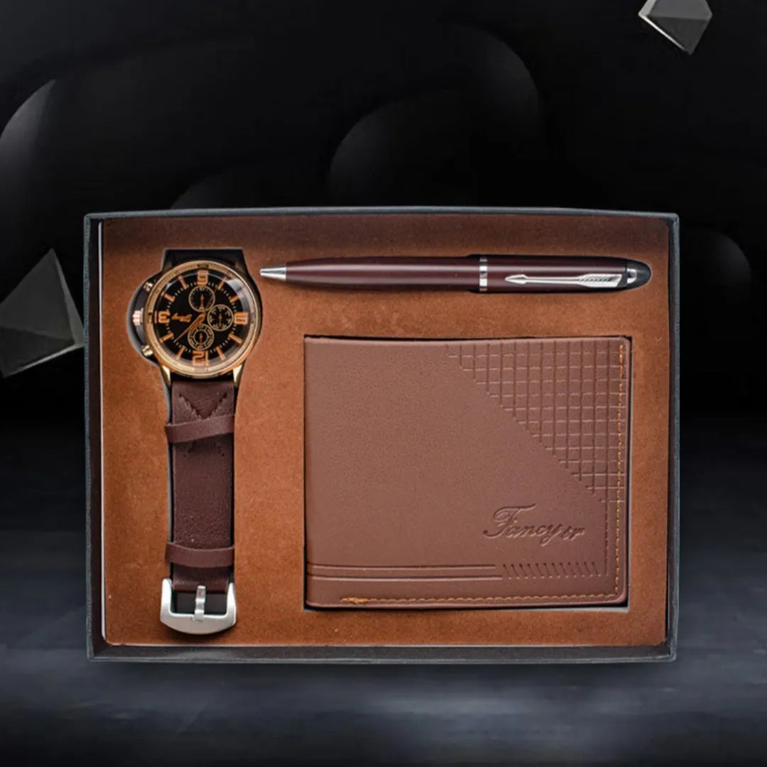 Business gift set containing a watch, wallet, and pen in a gift box, shown in brown and black colour options.