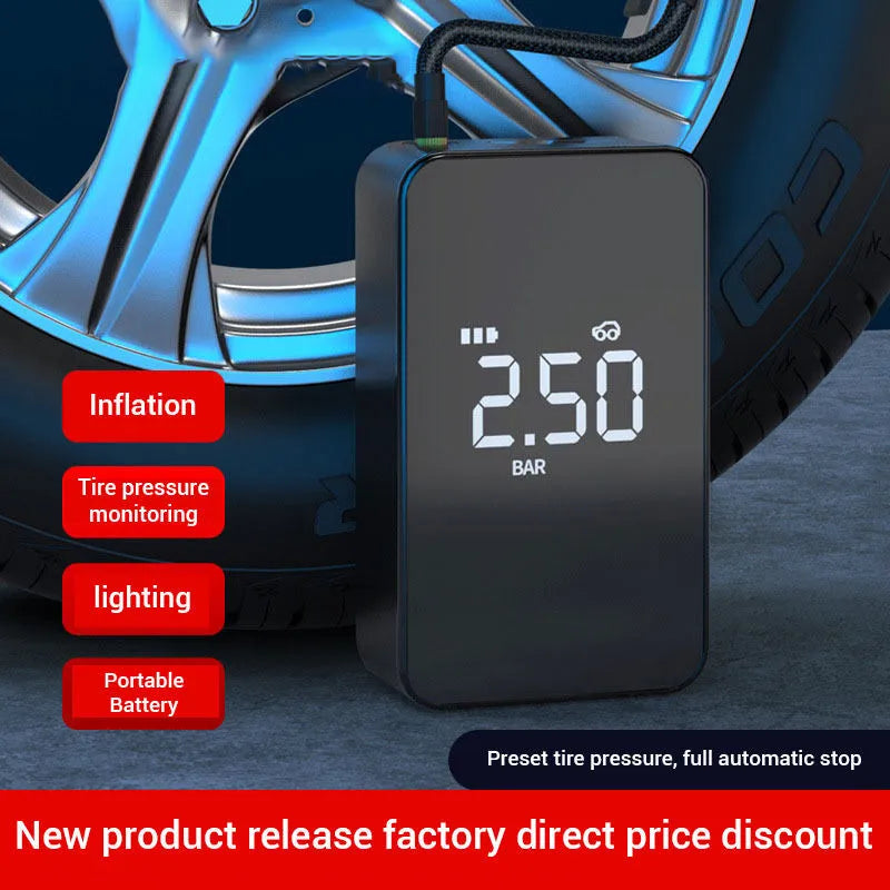 Black wireless digital tyre inflator pump with display screen, hose, and nozzles on a flannelette bag.