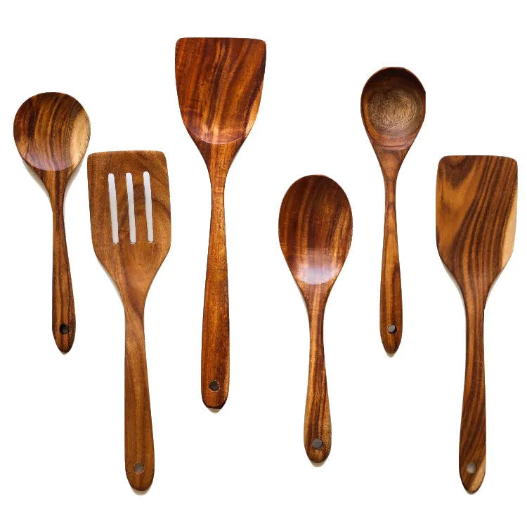 Seven-piece wooden cooking utensil set including spoon and slotted spoon for non-stick pans.