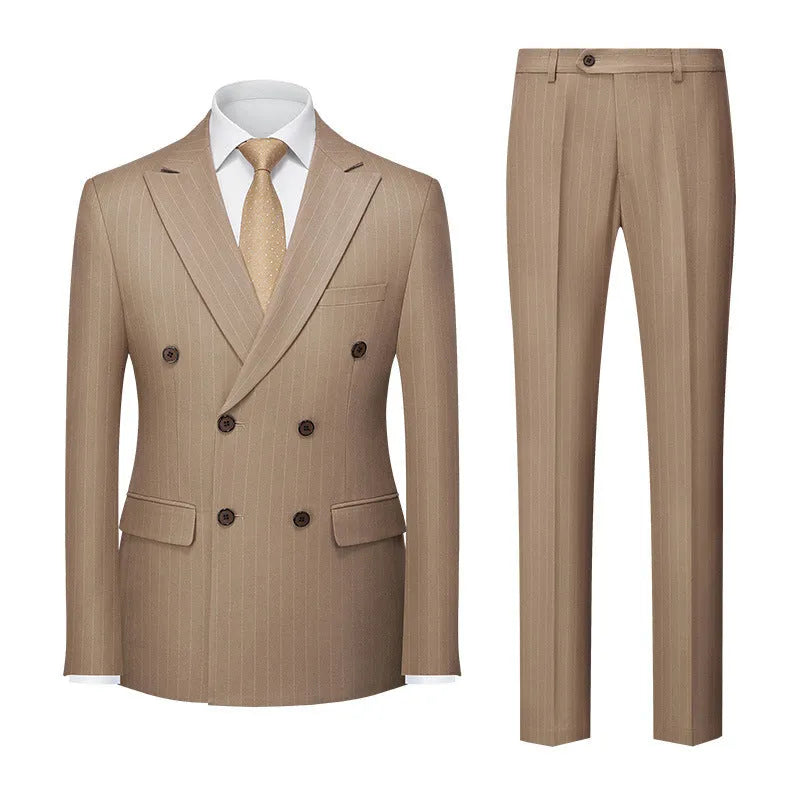 Men's double-breasted two-button striped suit set with trousers in business formal style