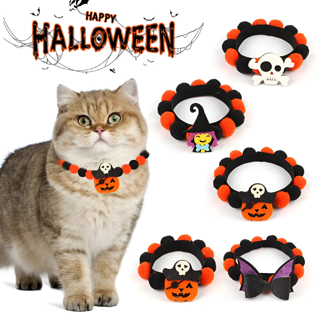 Halloween pet fur ball collar in coarse powder pumpkin colour on a cat, with soft textured design