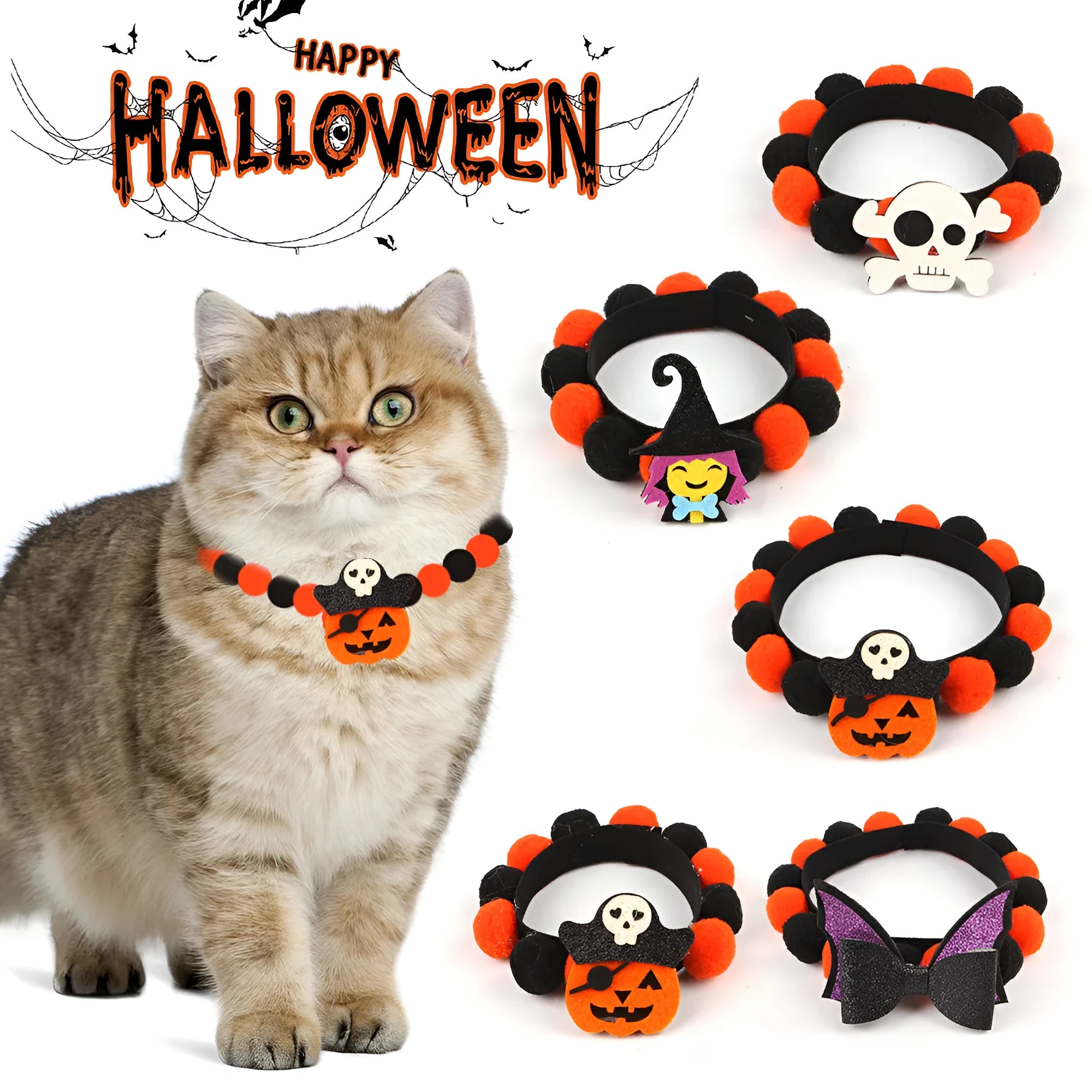 Halloween pet fur ball collar in coarse powder pumpkin colour on a cat, with soft textured design