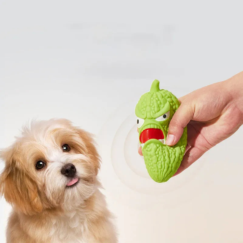 Bitter melon and chilli shaped dog toys with textured surfaces for bite resistance and teeth cleaning