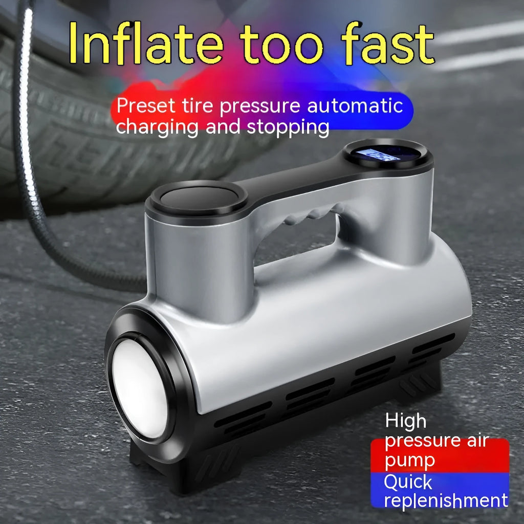 12V portable car inflatable air pump with digital display, ABS casing, LED light, and three air nozzles on a grey background
