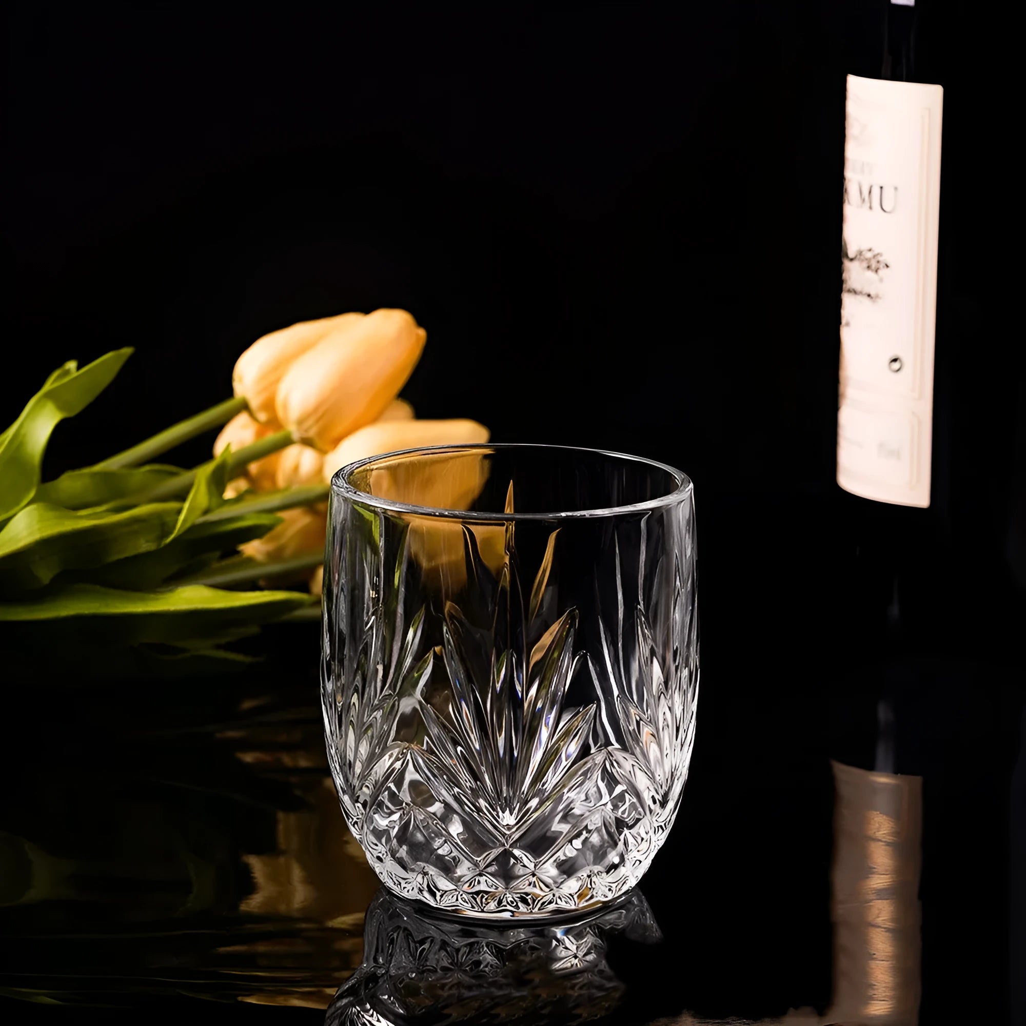 Thick bottom crystal whiskey shot glass in a selected colour, showing its heavy base and 350ml capacity.