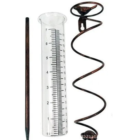 Cast iron outdoor rain gauge with glass tube showing 1-20 scale and 0-800ml capacity for garden lawn use