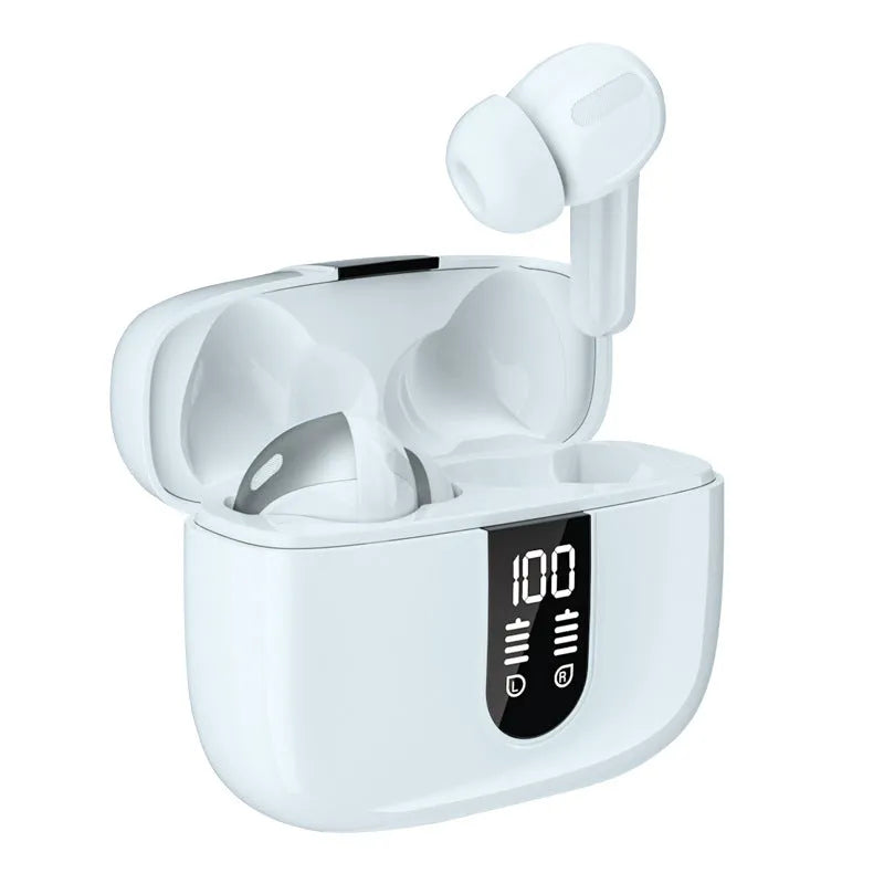 Jerry X08 wireless Bluetooth earbuds with digital display charging case in black, grey, or white colour options