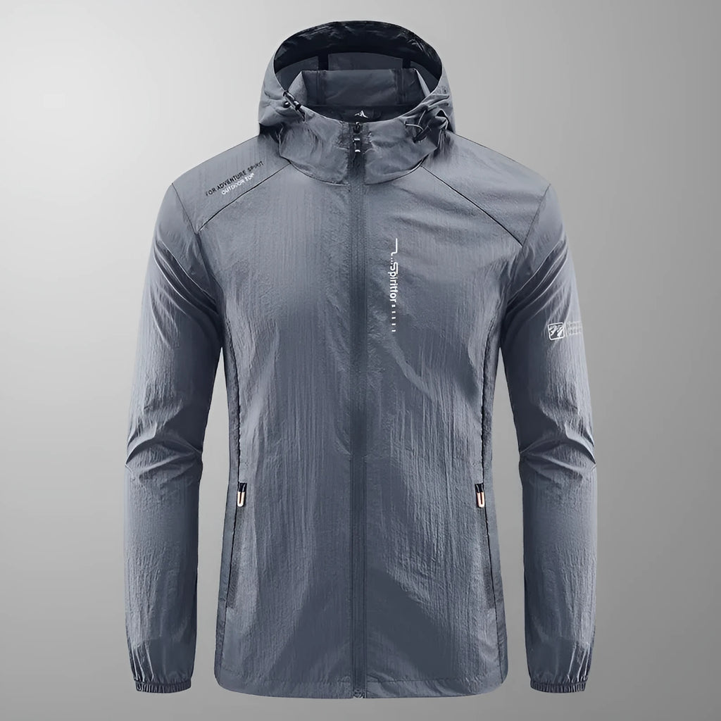 Men's thin nylon hooded summer jacket in light grey colour showing loose fit design