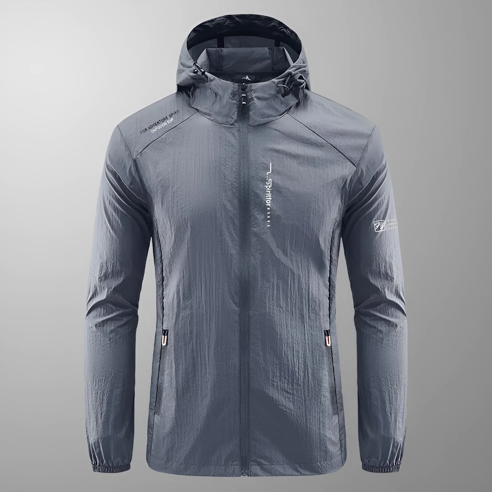 Men's thin nylon hooded summer jacket in light grey colour showing loose fit design
