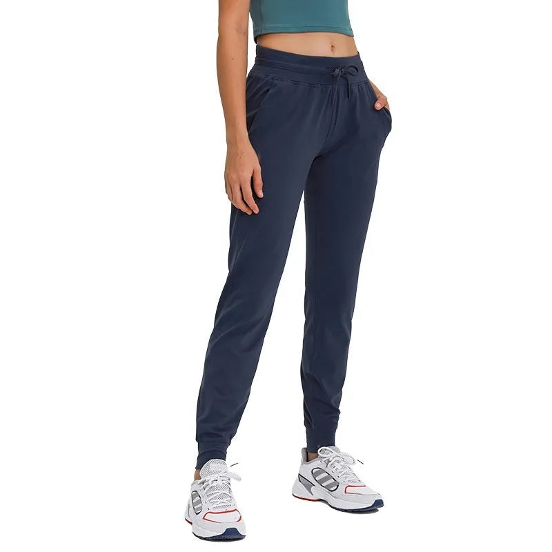 Women's high waist yoga pants with drawstring in quick-drying fabric in Belgian Blue colour