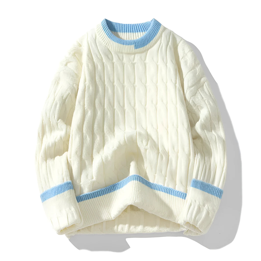 Man wearing a loose fit light blue modal acrylic blend long sleeve pullover sweater