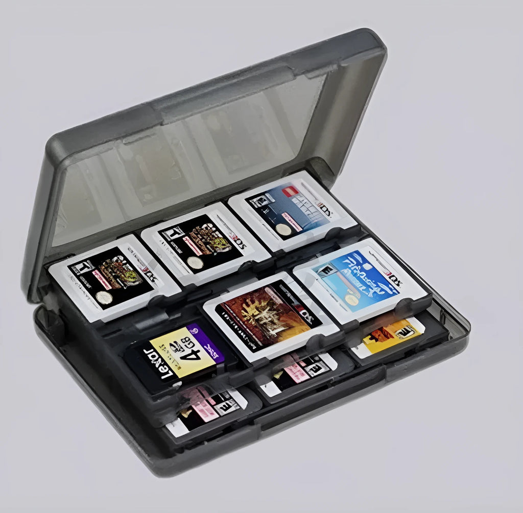 PP plastic 24-slot game card storage box for NDS and 3DS in black with 24 cartridge slots visible