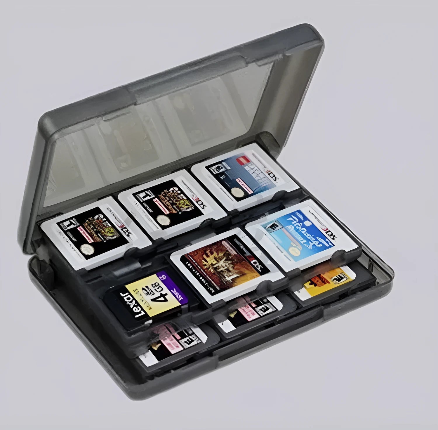 PP plastic 24-slot game card storage box for NDS and 3DS in black with 24 cartridge slots visible