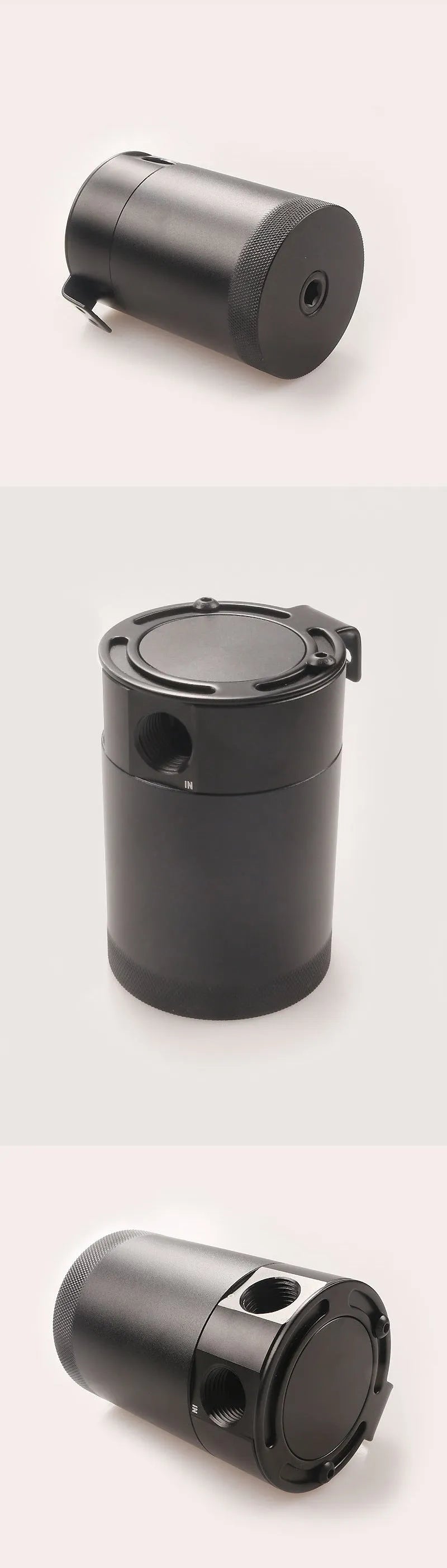 Black and silver aluminium automotive oil pot with two-hole breathable design