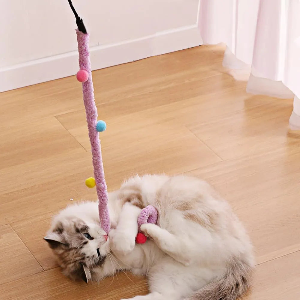 Blue interactive cat teaser wand with long plush strip and fluffy bell ball.