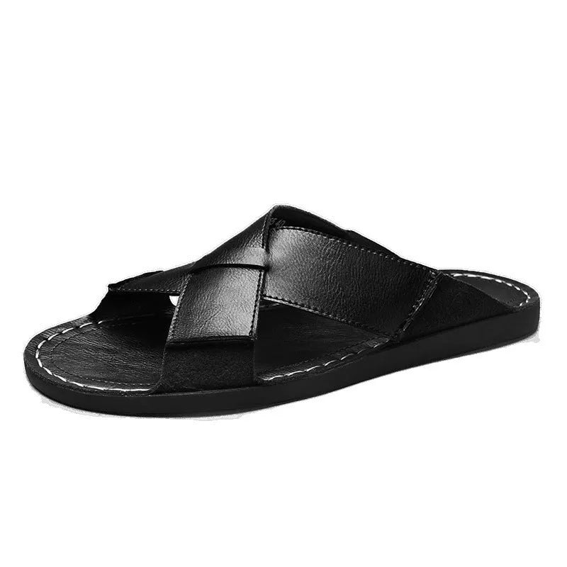 Men's genuine leather slip-on beach sandals in black with frosted finish and rubber sole