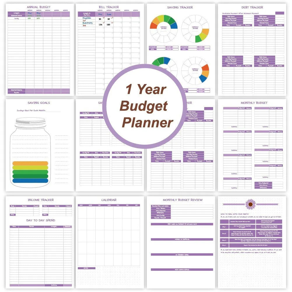 Purple coil-bound financial planning notebook open on a desk with pen, stickers, and paper clips.