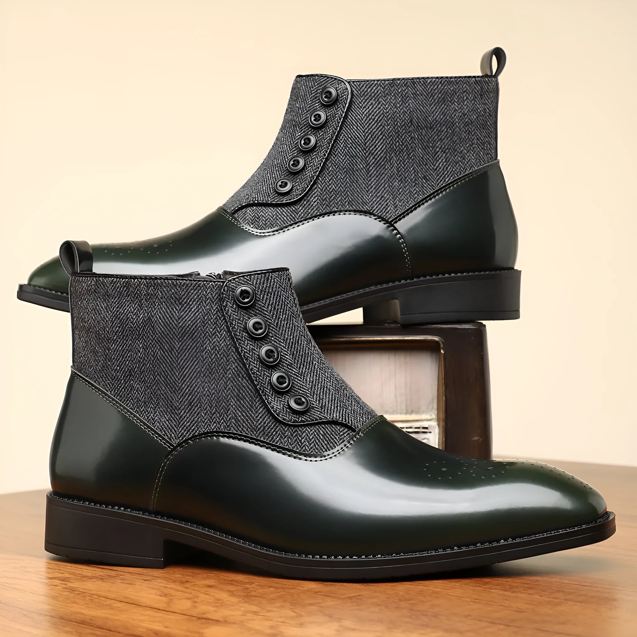 Brown retro-style men's formal business shoes with a side zip and square toe.