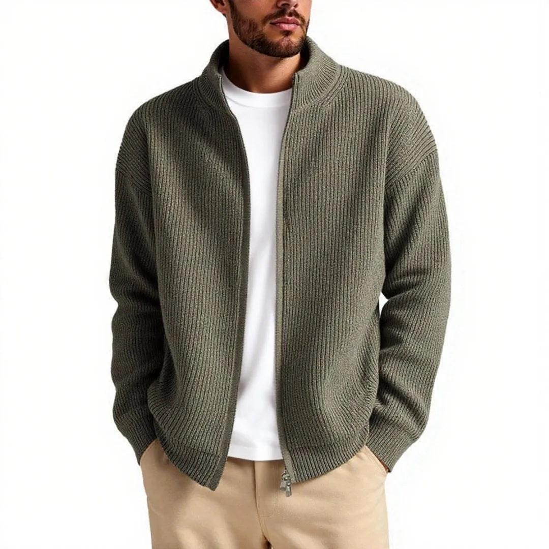 Men's loose fit cardigan sweater coat in grey green on a hanger