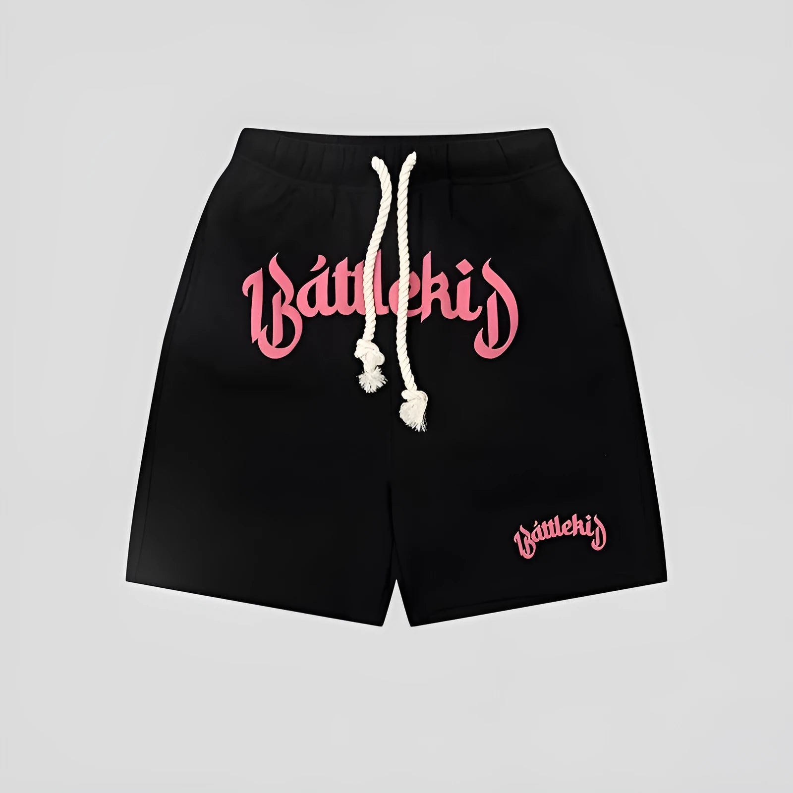 Loose cotton-blend cropped shorts in black, yellow, blue, and grey for street style.