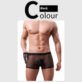 Men's mesh boxer briefs in thin sheer polyester fabric showing low waist design