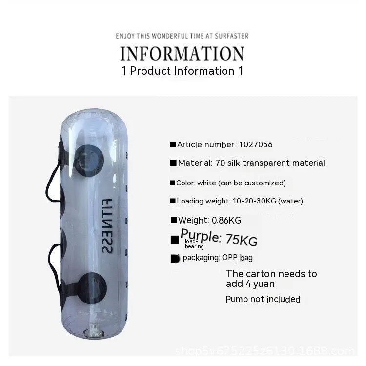 Transparent PVC inflatable weight lifting bag filled with water, showing soft dumbbell form.