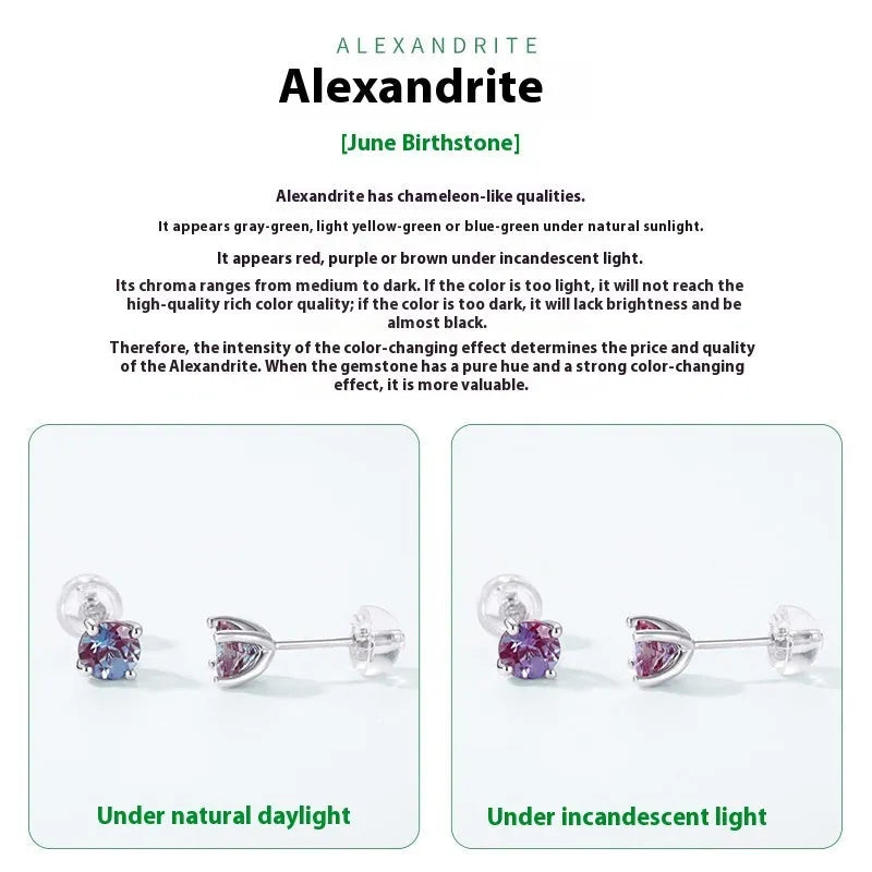 925 silver ear studs with cultivated alexandrite stones in geometric design