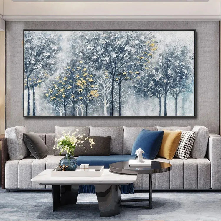Handmade abstract silver-gray forest tree texture oil painting on canvas with blue and golden accents
