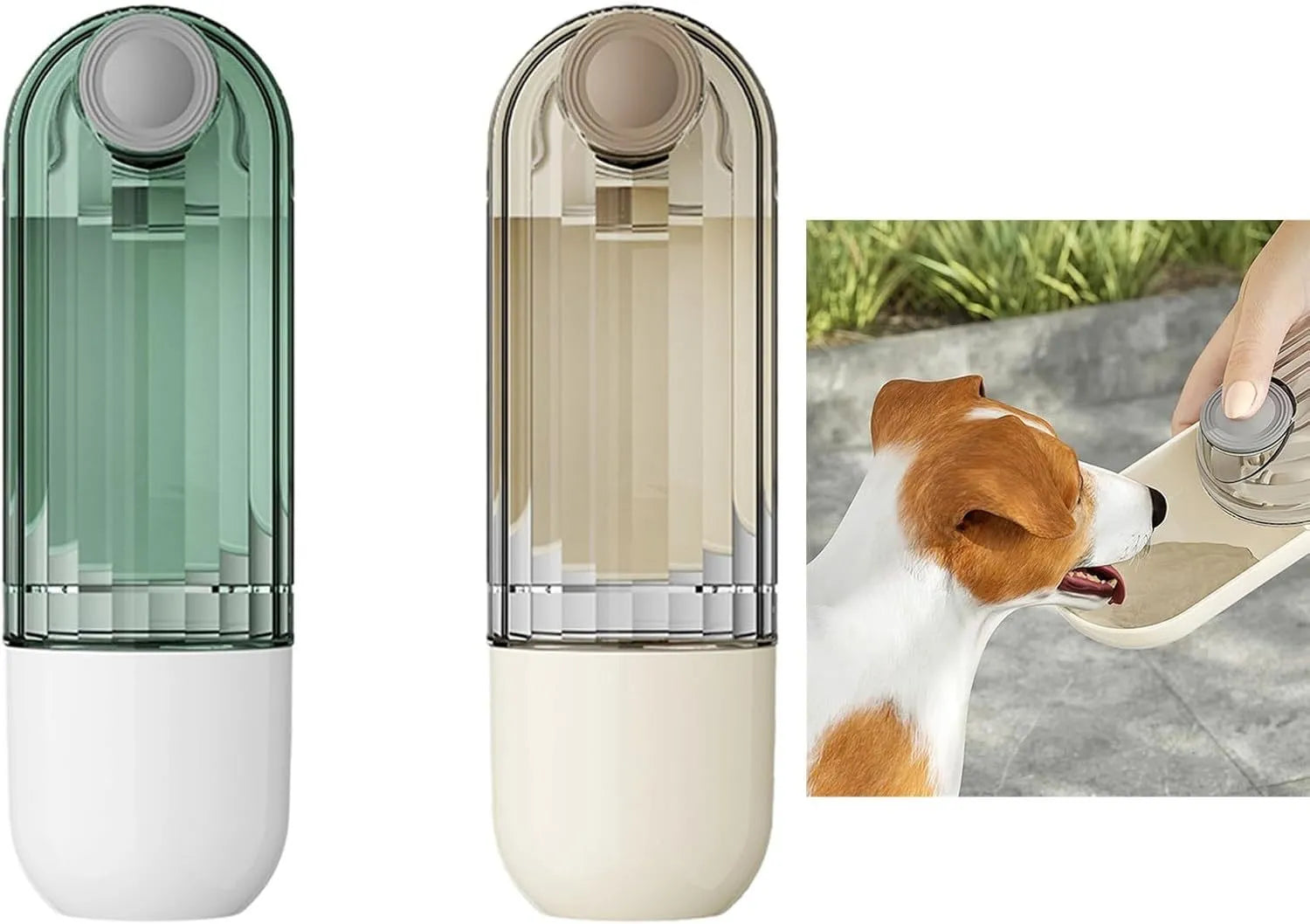 Beige foldable dog water bottle with food dispenser showing collapsible design and drinking tray