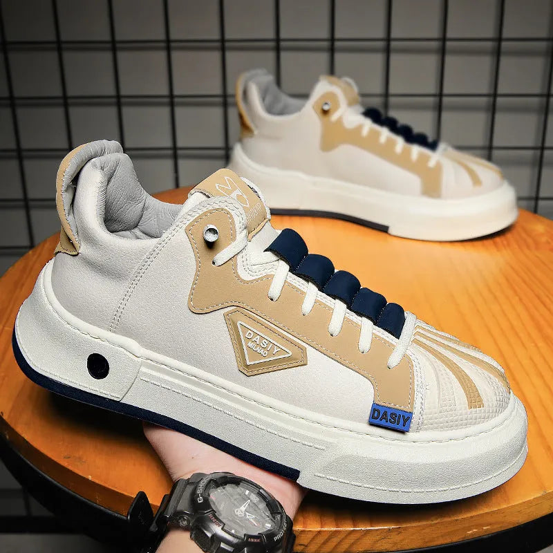 Men's beige and black casual sneakers with elastic band closure and microfiber upper