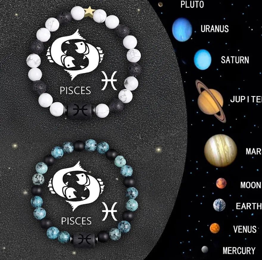Set of twelve natural stone zodiac sign bracelets with elastic closures arranged in circle