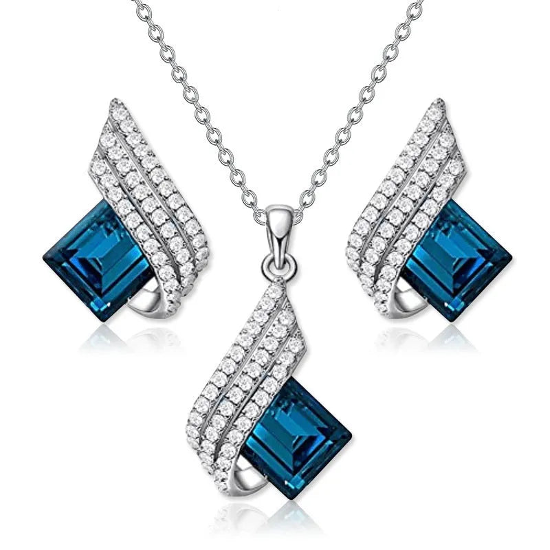 Women's electroplated alloy necklace and earrings set with glass pendant in European American style