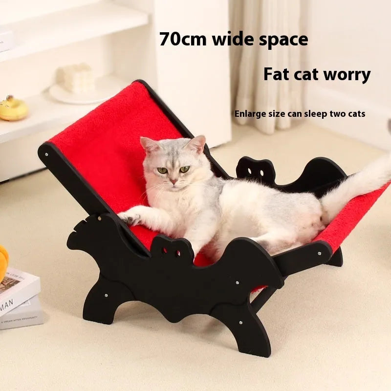 Black and red Halloween bat design wooden cat recliner bed, model MW-054, on a white background.