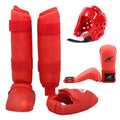 Blue karate protective gear set showing PU leg guard, helmet, and boxing gloves on a grey background.