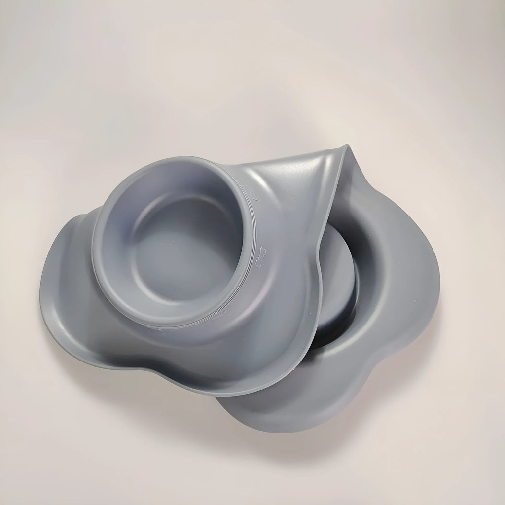Large silicone double dog bowl with stainless steel food and water compartments in blue colour