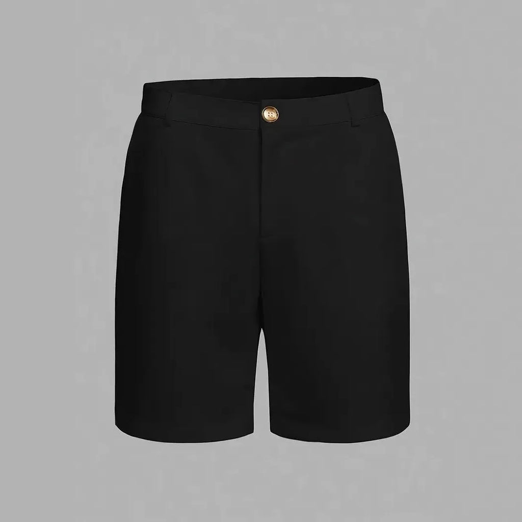 Men's straight-leg cotton blend casual shorts in grey on a hanger.